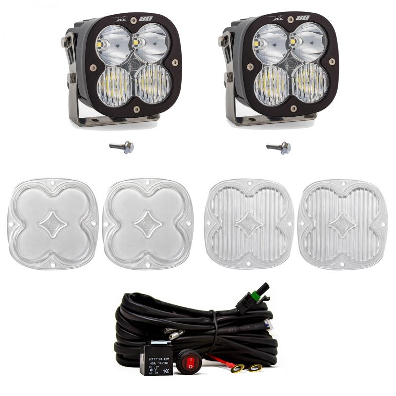 Baja Designs A Pillar Light Kit for 2021+ Ford Bronco featuring XL80 lights, mounting hardware, and wiring harness.