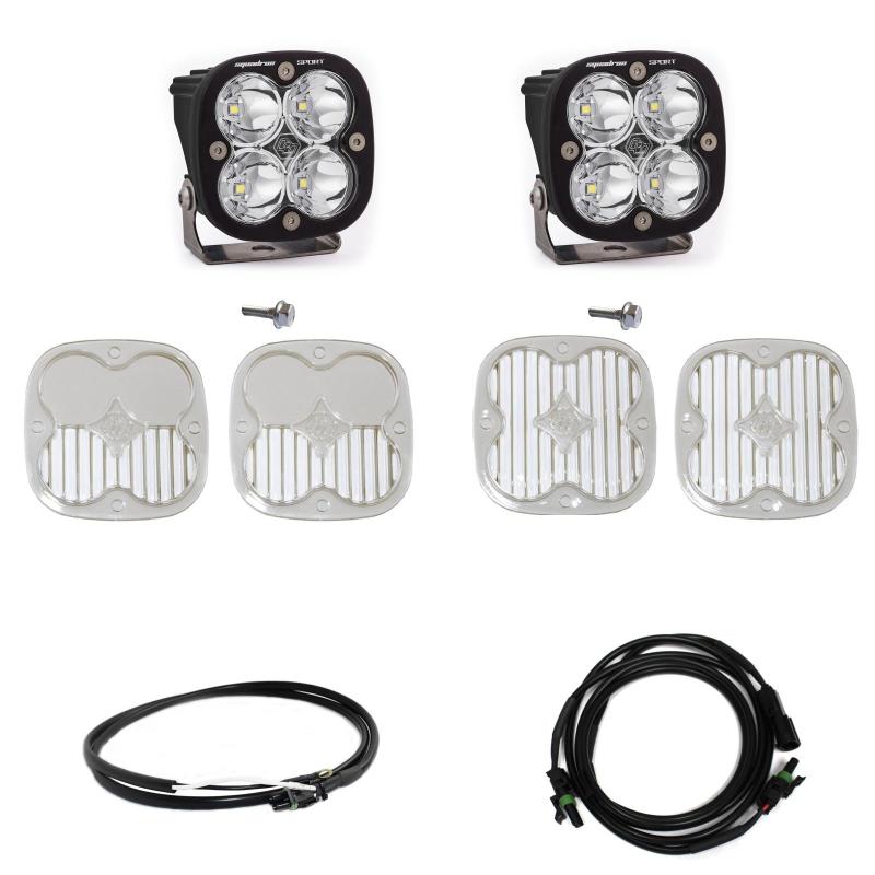 Baja Designs 2021+ Ford Bronco A Pillar Light Kit featuring Squadron Sport Spot lights, lens covers, and wiring harness.