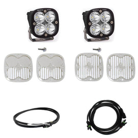 Baja Designs 2021+ Ford Bronco A Pillar Light Kit featuring Squadron Sport Spot lights, lens covers, and wiring harness.