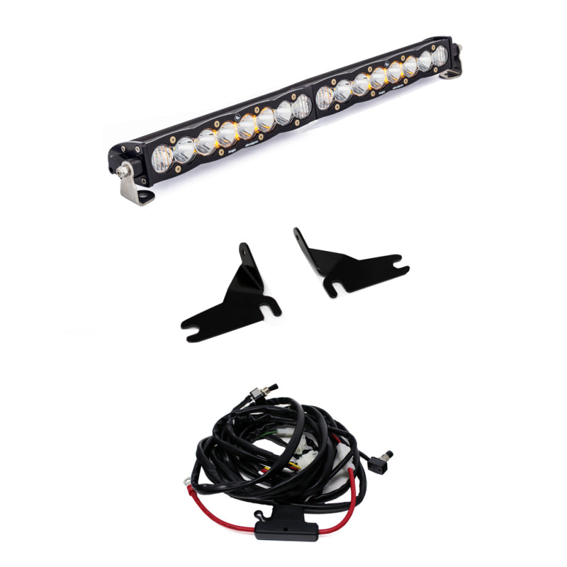 Baja Designs 20-inch S8 light bar with grille mount kit and wiring harness for 2019 Chevy Silverado 1500.