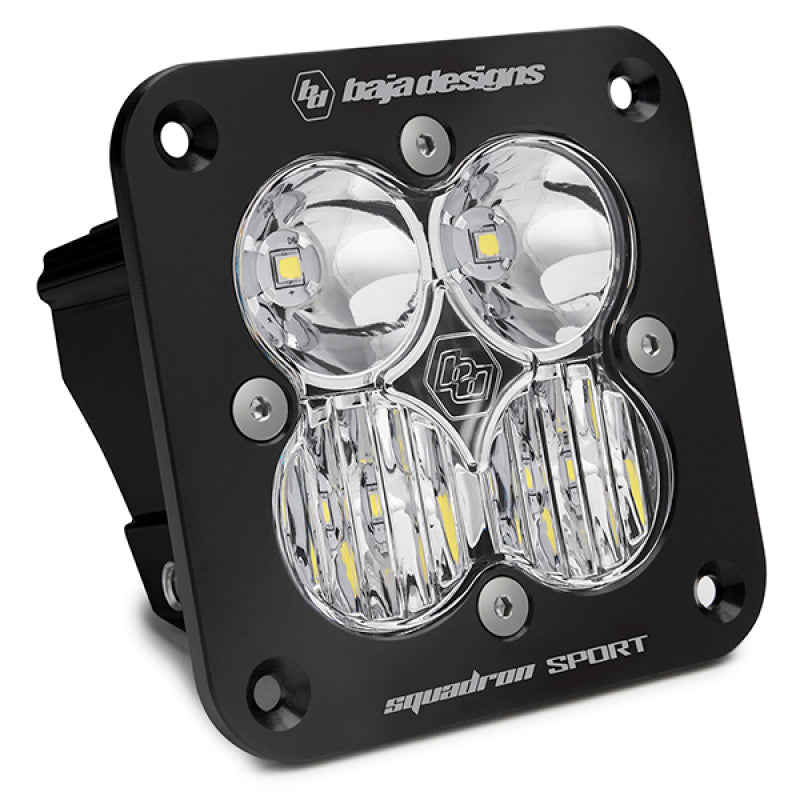 Baja Designs Squadron Sport flush mount LED light pod with clear lenses and black housing for offroad vehicles.