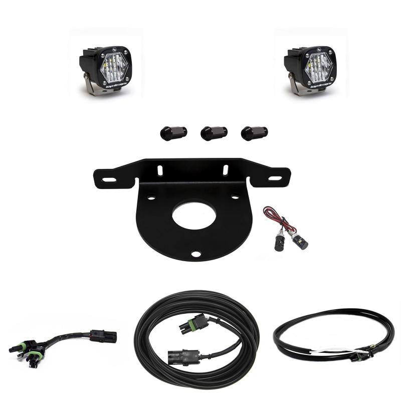 Baja Designs Dual S1 W/C Reverse Kit for 2021+ Ford Bronco, includes lights, mounting bracket, and wiring harness.