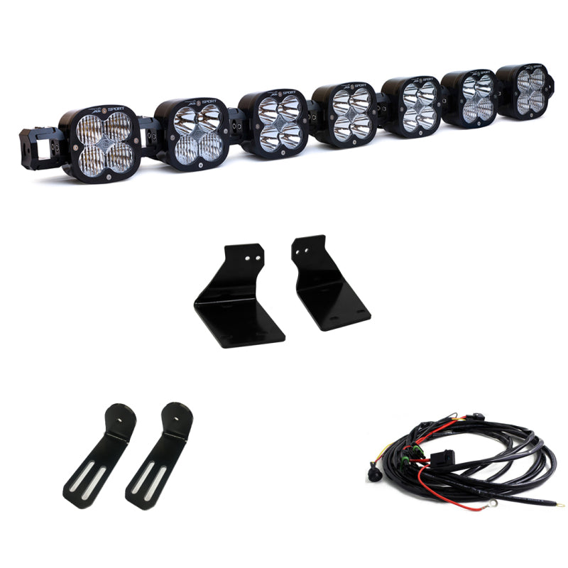 Baja Designs 2020+ Ford Super Duty 7 XL Linkable Light Kit with multiple LED lights, mounting brackets, and wiring harness.