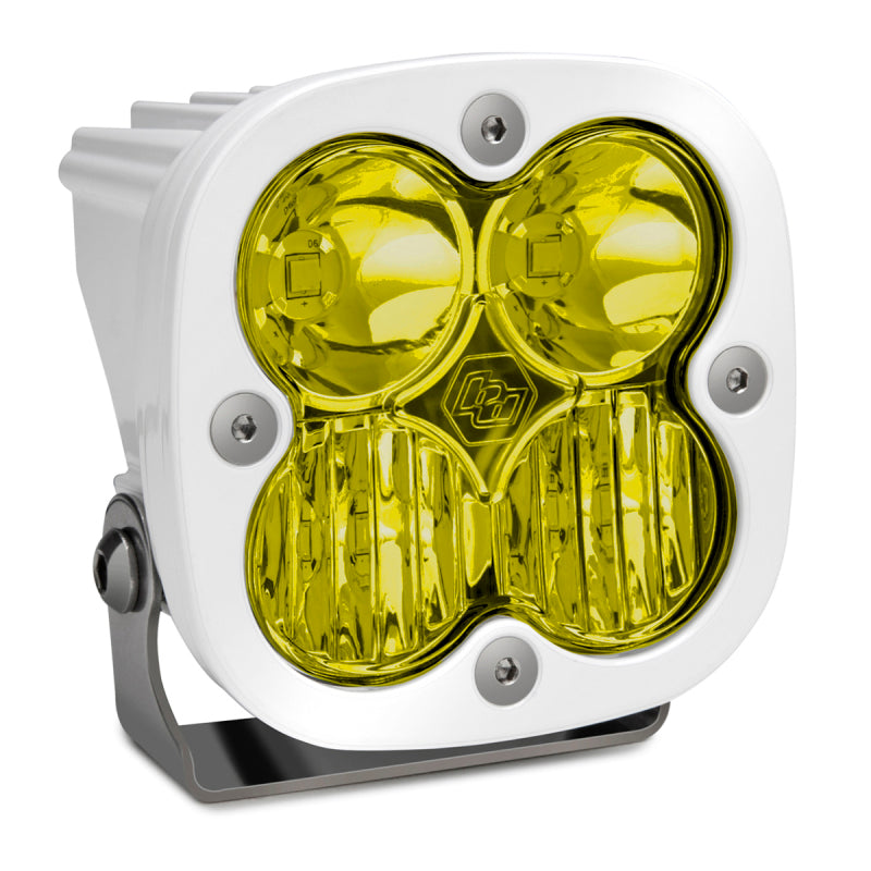 Baja Designs Squadron Sport LED light pod with amber lenses and white housing, designed for off-road driving and visibility.