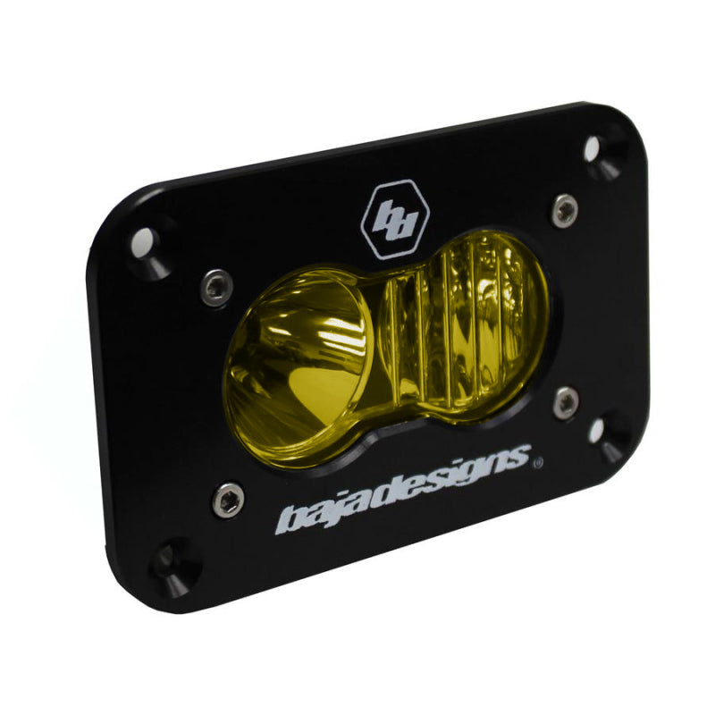 Baja Designs S2 driving combo flush mount LED light in amber, featuring a sleek black housing and durable design.