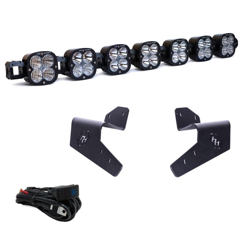 Baja Designs 2024+ Can-Am Maverick R 7XL linkable roof mount kit with lights, wiring harness, and mounting brackets.