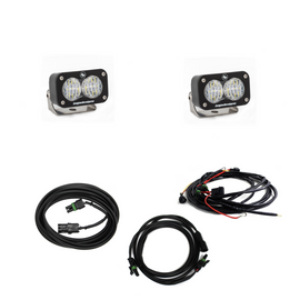 Baja Designs LED light kit for 2018+ Jeep JL includes dual S2 Sport lights and wiring harness for enhanced visibility.