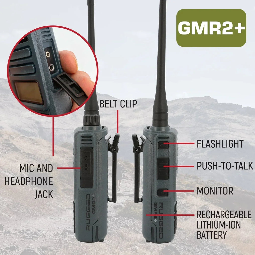 Rugged GMR2 PLUS - GMRS and FRS Two Way Handheld Radio with Mount and Intercom Cable