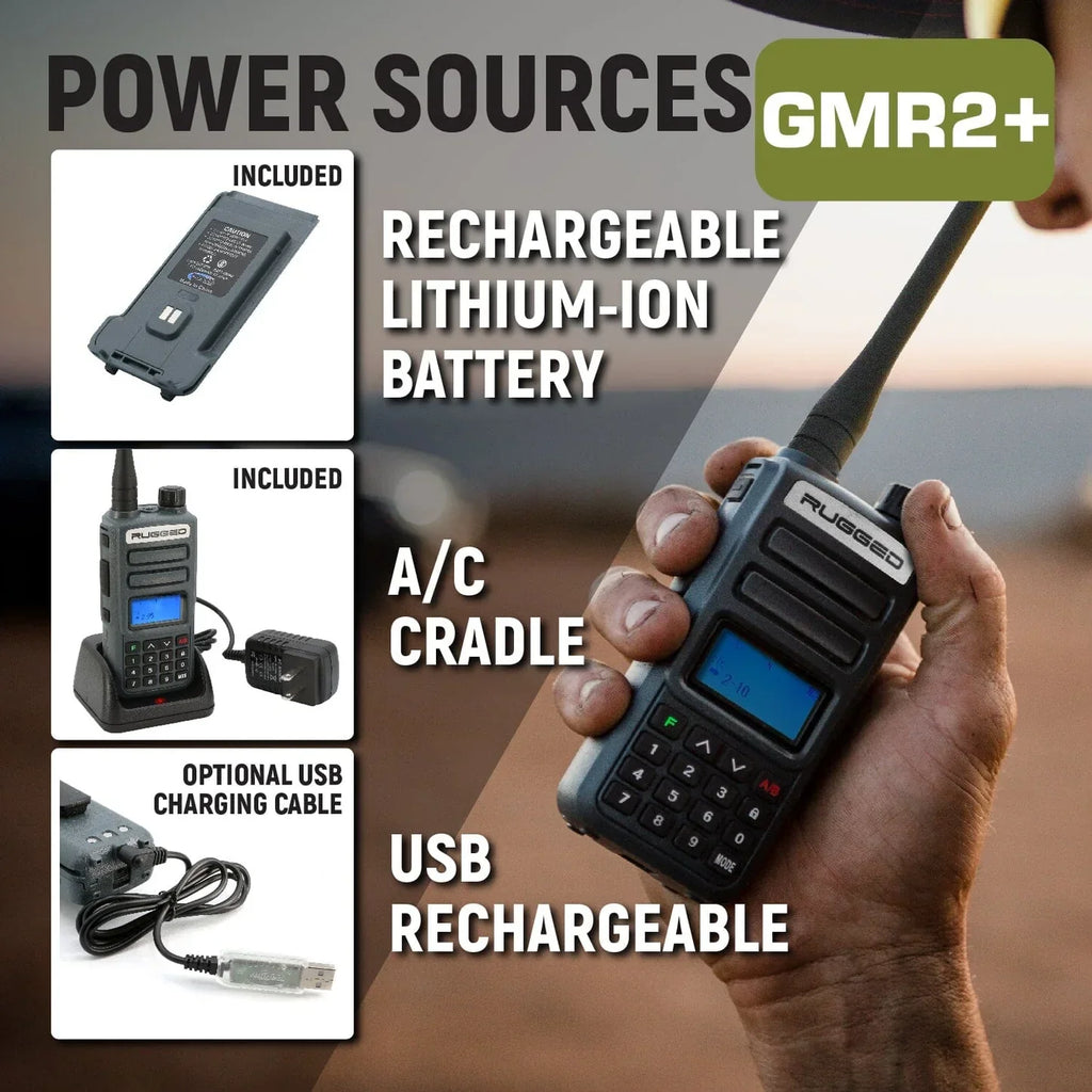 Rugged GMR2 PLUS - GMRS and FRS Two Way Handheld Radio with Mount and Intercom Cable